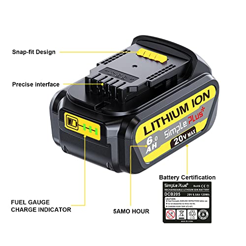 Simple Plus+ 2Packs Replacement Battery for Dewalt 20V MAX XR Battery Lithium Ion 6.0Ah Compatible with Dewalt Battery 20v DCB206 DCB205 DCB204 DCB180 DCB200 Fit for Dewalt 20V Max XR Cordless Tools