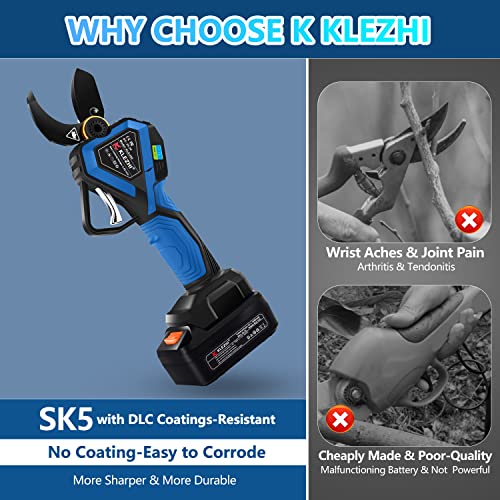 K KLEZHI Professional Electric Pruning Shears, 2pcs Backup Rechargeable 2Ah Lithium Battery Powered Cordless Tree Branch Pruner, Cut Capacity of 1.65inches 42mm, 8-10 Working Hours Black