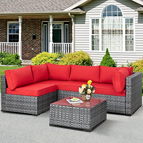 JAMFLY 5 Pieces Patio Furniture Sets, Wicker Outdoor Sectional Furniture with Glass Table and Cushions, Rattan Patio Conversation Sets for Garden, Poolside, Backyard (Red)