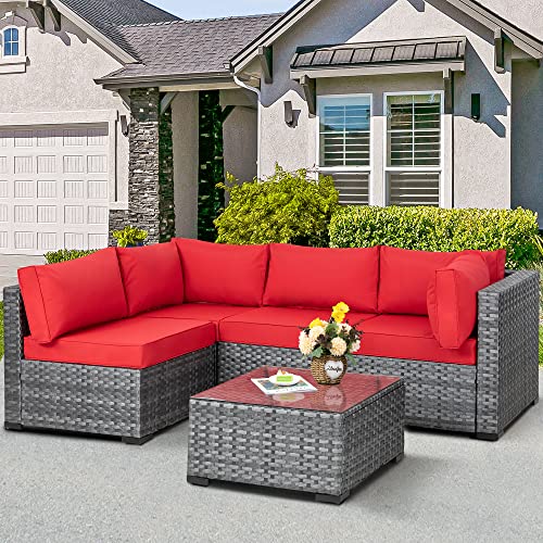 JAMFLY 5 Pieces Patio Furniture Sets, Wicker Outdoor Sectional Furniture with Glass Table and Cushions, Rattan Patio Conversation Sets for Garden, Poolside, Backyard (Red)