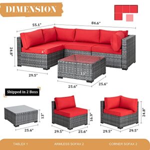 JAMFLY 5 Pieces Patio Furniture Sets, Wicker Outdoor Sectional Furniture with Glass Table and Cushions, Rattan Patio Conversation Sets for Garden, Poolside, Backyard (Red)