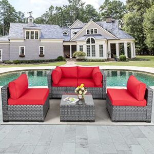 JAMFLY 5 Pieces Patio Furniture Sets, Wicker Outdoor Sectional Furniture with Glass Table and Cushions, Rattan Patio Conversation Sets for Garden, Poolside, Backyard (Red)