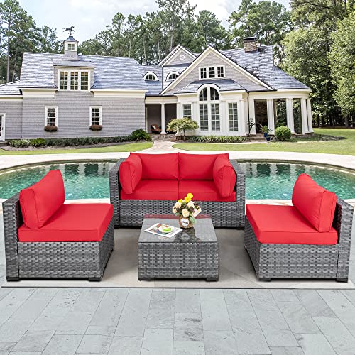 JAMFLY 5 Pieces Patio Furniture Sets, Wicker Outdoor Sectional Furniture with Glass Table and Cushions, Rattan Patio Conversation Sets for Garden, Poolside, Backyard (Red)