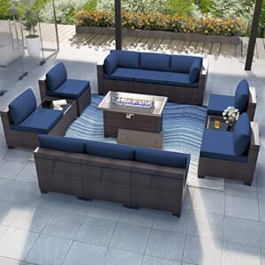 Delnavik Patio Furniture Set with Fire Pit Table 13 PCS Outdoor Sectional Furniture Outdoor Rattan Patio Conversation Sets with 43in 55,000 BTU Propane Gas Fire Pit Table Glass Table, Navy Blue