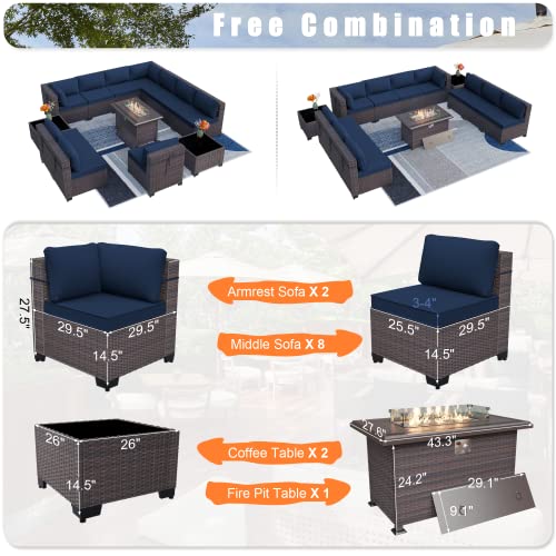 Delnavik Patio Furniture Set with Fire Pit Table 13 PCS Outdoor Sectional Furniture Outdoor Rattan Patio Conversation Sets with 43in 55,000 BTU Propane Gas Fire Pit Table Glass Table, Navy Blue