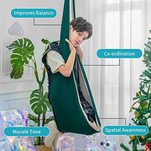 Sensory Swing for Kids Indoor Outdoor, Therapy Autism Joy Ceiling Swing Holds Up to 310 Lbs with Dual Color Blocks Kids Hammock Chair (Green + Gray)