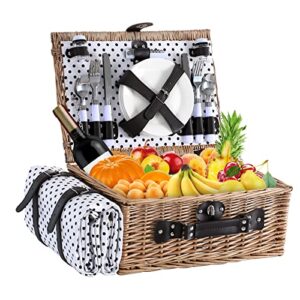 hybdamai willow picnic basket set for 4 persons with waterproof picnic blanket, large wicker picnic basket for camping, outdoors, valentine’s day, christmas, thanksgiving, birthday