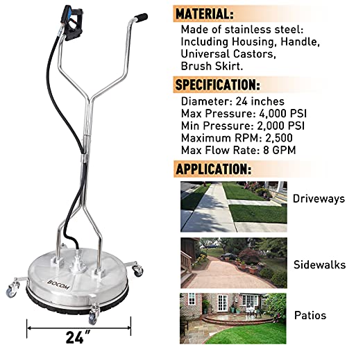 BOCOM 24 Inch Pressure Washer Surface Cleaner Dual Handle Commercial Power Washer Accessory & Parts Flat Floor Scrubber Attachment with Wheels for Cleaning Driveways, Sidewalks, Patios, 4000 PSI