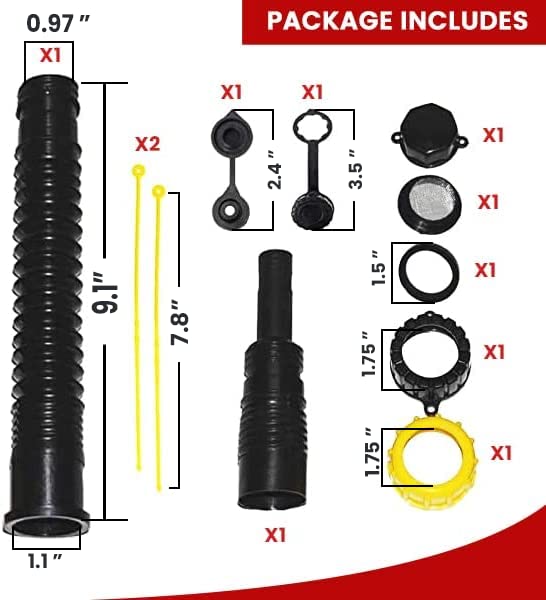 Kool Products Gas can spout replacement, gas can nozzle included with unleaded reducer, gas can vent kit, gas can gasket, Second Base Cap to Fit Additional Cans, Chord and Filter Screen