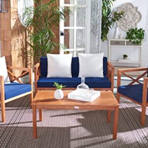 Safavieh PAT7031E Collection Nunzio Teak 4 Pc Accent Outdoor Set, Natural/Navy + Solid Pillow