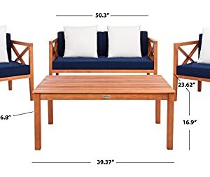 Safavieh PAT7031E Collection Nunzio Teak 4 Pc Accent Outdoor Set, Natural/Navy + Solid Pillow