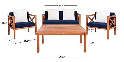 Safavieh PAT7031E Collection Nunzio Teak 4 Pc Accent Outdoor Set, Natural/Navy + Solid Pillow