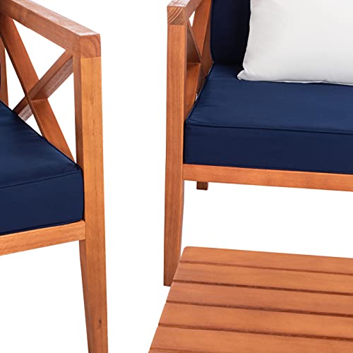 Safavieh PAT7031E Collection Nunzio Teak 4 Pc Accent Outdoor Set, Natural/Navy + Solid Pillow