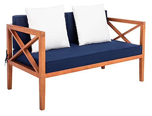 Safavieh PAT7031E Collection Nunzio Teak 4 Pc Accent Outdoor Set, Natural/Navy + Solid Pillow