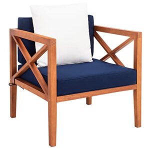 Safavieh PAT7031E Collection Nunzio Teak 4 Pc Accent Outdoor Set, Natural/Navy + Solid Pillow