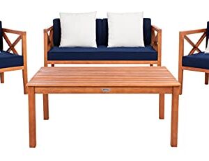 Safavieh PAT7031E Collection Nunzio Teak 4 Pc Accent Outdoor Set, Natural/Navy + Solid Pillow