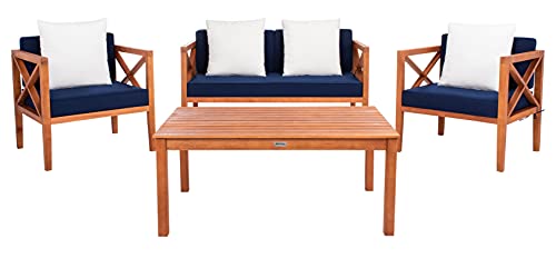 Safavieh PAT7031E Collection Nunzio Teak 4 Pc Accent Outdoor Set, Natural/Navy + Solid Pillow