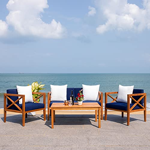 Safavieh PAT7031E Collection Nunzio Teak 4 Pc Accent Outdoor Set, Natural/Navy + Solid Pillow