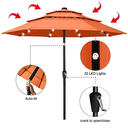 ABCCANOPY Solar Led Patio Umbrellas 3-Tiers 9FT (Orange)