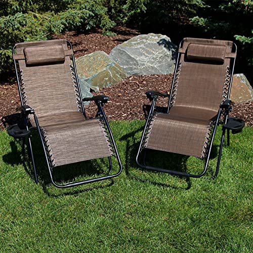 Sunnydaze Outdoor XL Zero Gravity Chair 2 Pack with Pillow and Cup Holder Folding Patio Lawn Recliner Dark Brown Set of 2