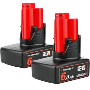 tenmoer 2 pack 6.0ah compatible with milwaukee m12 battery replacement for milwaukee m12 12v batteries 48-11-1860