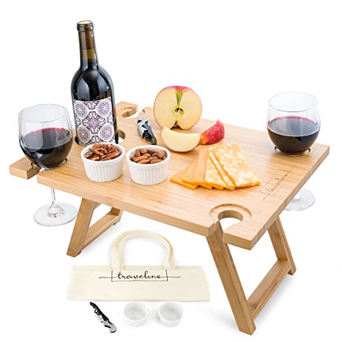 Travelino Portable Wine Picnic Table, Foldable Outdoor Charcuterie Table and Wine Glass Holder, Ceramic Bowl & Corkscrew & Carry Bag, Perfect for Gifts and All Seasons