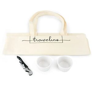 Travelino Portable Wine Picnic Table, Foldable Outdoor Charcuterie Table and Wine Glass Holder, Ceramic Bowl & Corkscrew & Carry Bag, Perfect for Gifts and All Seasons