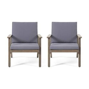 christopher knight home carlos outdoor acacia wood club chairs with cushions (set of 2), gray finish, dark gray