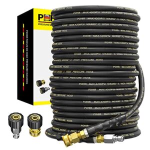 pohir power washer hose 100ft 3/8” quick connect, high tensile wire braided car wash water hose, with 2 quick connect kits compatible m22 14 mm, 1/4 inch hose for pressure washer, 4200 psi