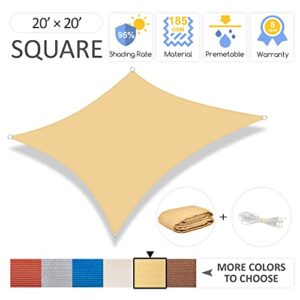 Garden EXPERT 20'x20' Sun Shade Sail Sand Large Square Canopy Sail Shade Cloth for Patio Garden Outdoor Backyard