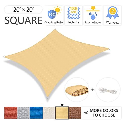 Garden EXPERT 20'x20' Sun Shade Sail Sand Large Square Canopy Sail Shade Cloth for Patio Garden Outdoor Backyard