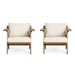 christopher knight home arcola outdoor acacia wood club chairs with cushions (set 2), teak finish, beige