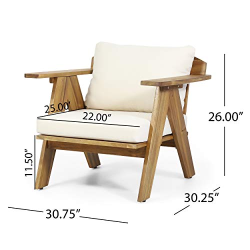 Christopher Knight Home Arcola Outdoor Acacia Wood Club Chairs with Cushions (Set 2), Teak Finish, Beige