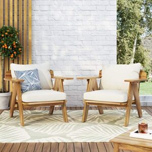 Christopher Knight Home Arcola Outdoor Acacia Wood Club Chairs with Cushions (Set 2), Teak Finish, Beige