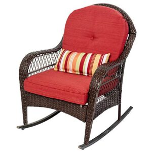 sundale outdoor rocking chair, patio wicker rocker chair with olefin cushions and pillow, rocking lawn chair wicker patio furniture – steel frame, brown, red