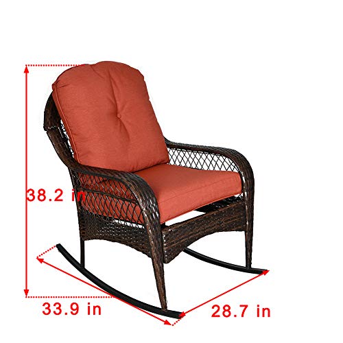 Sundale Outdoor Rocking Chair, Patio Wicker Rocker Chair with Olefin Cushions and Pillow, Rocking Lawn Chair Wicker Patio Furniture - Steel Frame, Brown, Red