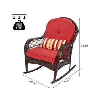 Sundale Outdoor Rocking Chair, Patio Wicker Rocker Chair with Olefin Cushions and Pillow, Rocking Lawn Chair Wicker Patio Furniture - Steel Frame, Brown, Red