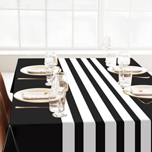 Disposable Boho Black and White Striped Tablecloth, 86 x 54 Inch Rectangle Plastic Table Cover for Birthday Party, Wedding, Reception, Bridal Showers Modern Wedding Party Decoration (3 Pieces)