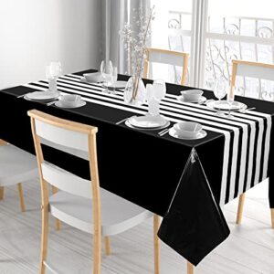 Disposable Boho Black and White Striped Tablecloth, 86 x 54 Inch Rectangle Plastic Table Cover for Birthday Party, Wedding, Reception, Bridal Showers Modern Wedding Party Decoration (3 Pieces)