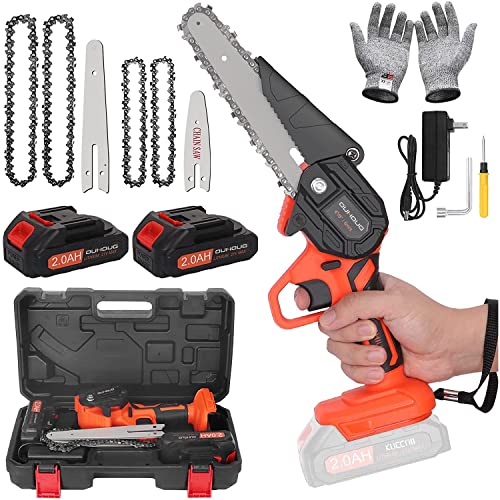 Mini Chainsaw Cordless 6 Inch, Handheld Chainsaw with Replacement 4Inch and 6Inch Guide Plates, Small Chainsaw with 2 Batteries 4 Chains For Cutting Wood, Tree Trimming, Garden Pruning