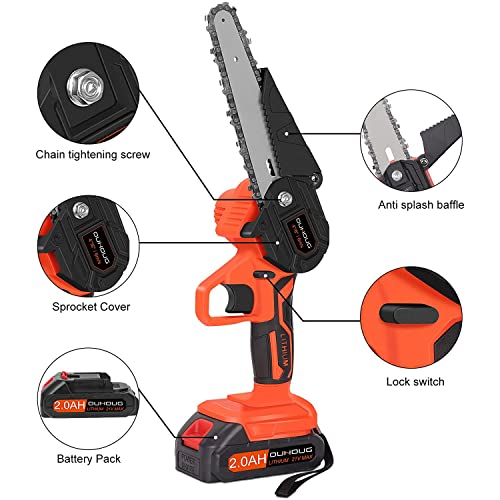 Mini Chainsaw Cordless 6 Inch, Handheld Chainsaw with Replacement 4Inch and 6Inch Guide Plates, Small Chainsaw with 2 Batteries 4 Chains For Cutting Wood, Tree Trimming, Garden Pruning