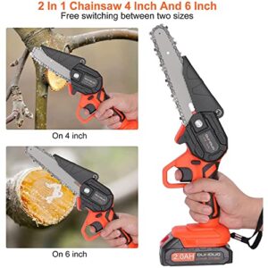 Mini Chainsaw Cordless 6 Inch, Handheld Chainsaw with Replacement 4Inch and 6Inch Guide Plates, Small Chainsaw with 2 Batteries 4 Chains For Cutting Wood, Tree Trimming, Garden Pruning