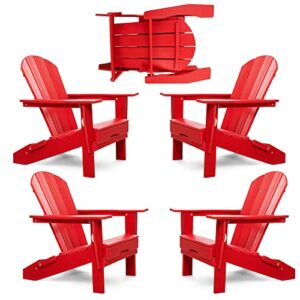resin teak folding adirondack chair set of 4, premium all weather outdoor patio furniture, 21 inch wide seat, up to 350 lbs, foldable outdoor patio chairs, new heritage collection (red)