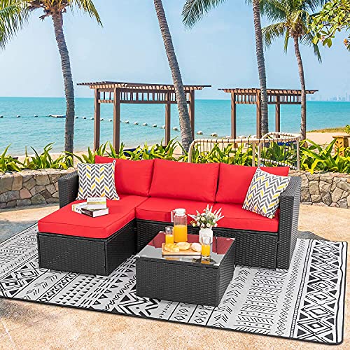 Walsunny Patio Furniture Set 3 Piece Outdoor Sectional Patio Sofa, All Weather Wicker Rattan Outdoor Furniture with Glass Table and Cushions(Red)