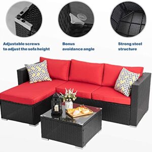 Walsunny Patio Furniture Set 3 Piece Outdoor Sectional Patio Sofa, All Weather Wicker Rattan Outdoor Furniture with Glass Table and Cushions(Red)