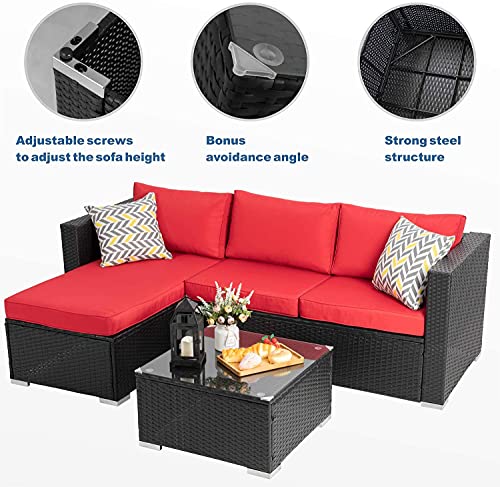 Walsunny Patio Furniture Set 3 Piece Outdoor Sectional Patio Sofa, All Weather Wicker Rattan Outdoor Furniture with Glass Table and Cushions(Red)