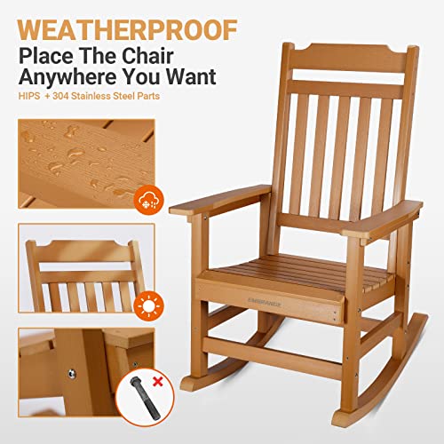 EMBRANGE Outdoor Rocking Chair with Tilting High Backrest, Weather Resistant, Fade-Resistant,Front Porch Rocker with 350 LBS Weight Capacity, Patio Rocking Chairs for Deck or Indoor, Teak