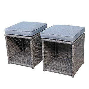 verano garden patio storage ottomans, all weather wicker ottoman set with removable cushions, outdoor footstool footrest seat for backyard, garden, poolside, set of 2 (grey)