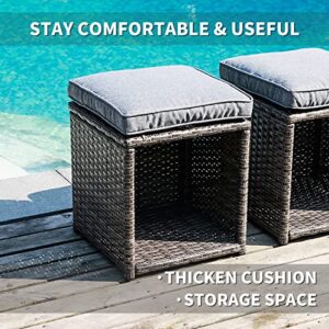 Verano Garden Patio Storage Ottomans, All Weather Wicker Ottoman Set with Removable Cushions, Outdoor Footstool footrest seat for Backyard, Garden, Poolside, Set of 2 (Grey)