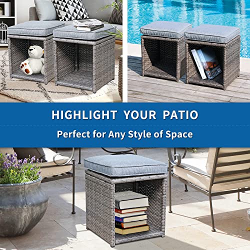 Verano Garden Patio Storage Ottomans, All Weather Wicker Ottoman Set with Removable Cushions, Outdoor Footstool footrest seat for Backyard, Garden, Poolside, Set of 2 (Grey)